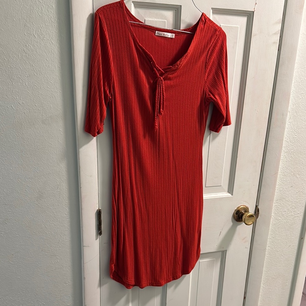 Red Ribbed Tie-Front Dress